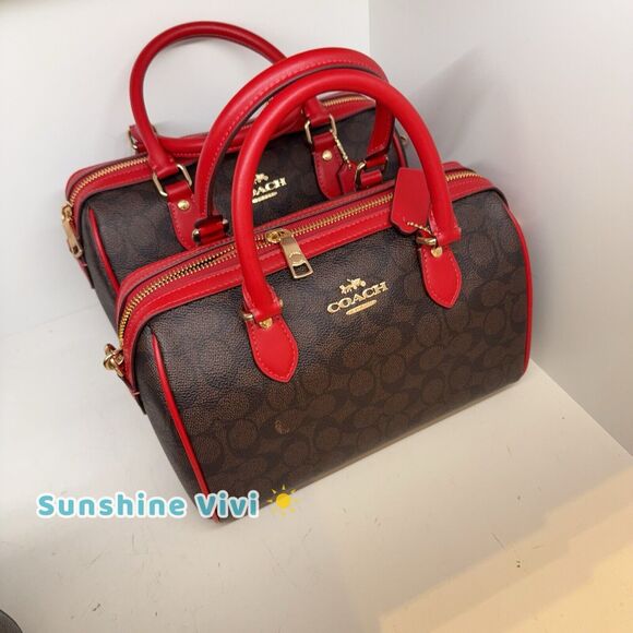 NWT Coach Rowan Satchel In Signature Canvas CV961 Walnut /Bold Red - Picture 3 of 9